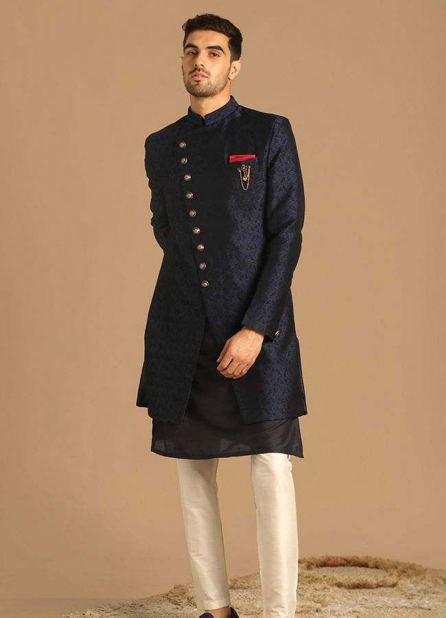 alt message - Manyavar Men Sophisticated Feroze Blue Indo Western image number 1